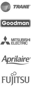Trane, Goodman, Mitsubishi, Aprilarire, Fujitsu logos