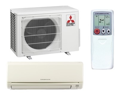 Single room, wall-mounted heat pump, outdoor unit, remote control Single Zone Mitsubishi Ductless Mini-Split Heat Pump