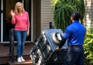 Duct cleaning technician greeting customer