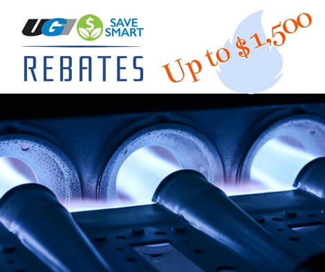 $1500.00 rebate on qualifying equipment for UGI customers. Offer expires 9-30-2023 Gas furnace blue flame, Rebates from UGI
