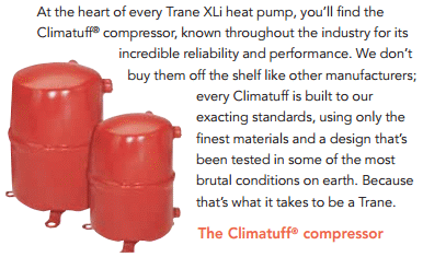 All Trane Heat Pumps include the Climatuff Compressor - built to last! Climatuff Compressors - for reliablity and performance
