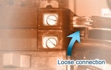 Loose electrical connection caused wire and breaker to overheat loose connection at circuit breaker