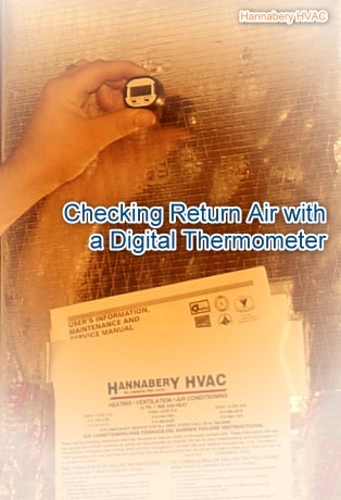 A service technician is checking the air temperature going into the unit and coming out of the unit. checking the return air temperature with a digital thermometer