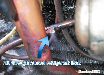 Copper lines rubbing together over time, caused a refrigerant leak. Just another reason for annual inspections. refrigerant leak in outdoor unit