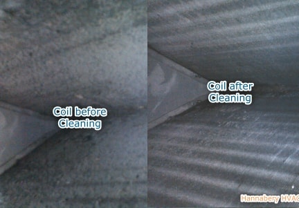 Indoor coils cleaned on all Hannabery HVAC inspections coil before cleaning and after cleaning