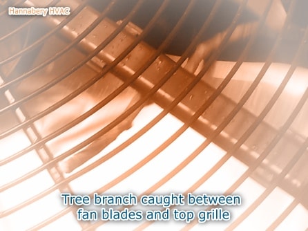 Tree branch caught between fan blades and top cover - damaging fan blades. branch caught in fan blades