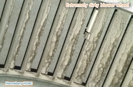This blower wheel is completely clogged with dirt, causing all sorts of problems. dirty blower wheel
