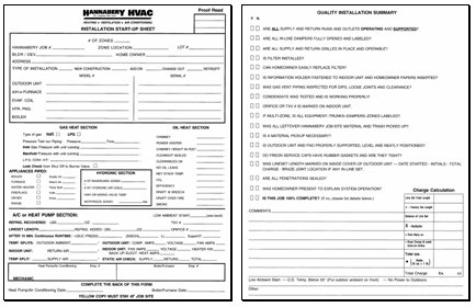 Start-up sheets for all of our HVAC installations